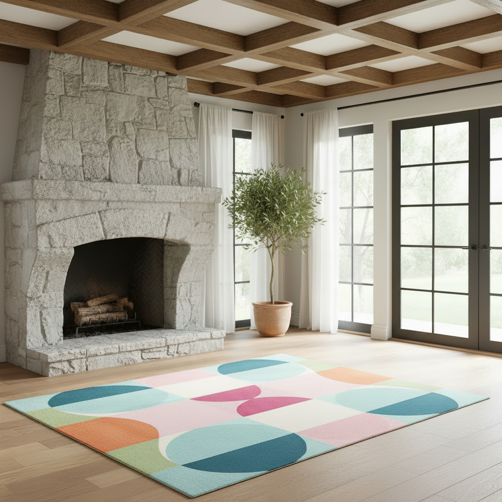 A colorful area rug with a retro geometric pattern of pastel semicircles and curves in pink, blue, orange, and green, styled in a bright, modern living room with a stone fireplace and wood ceiling.