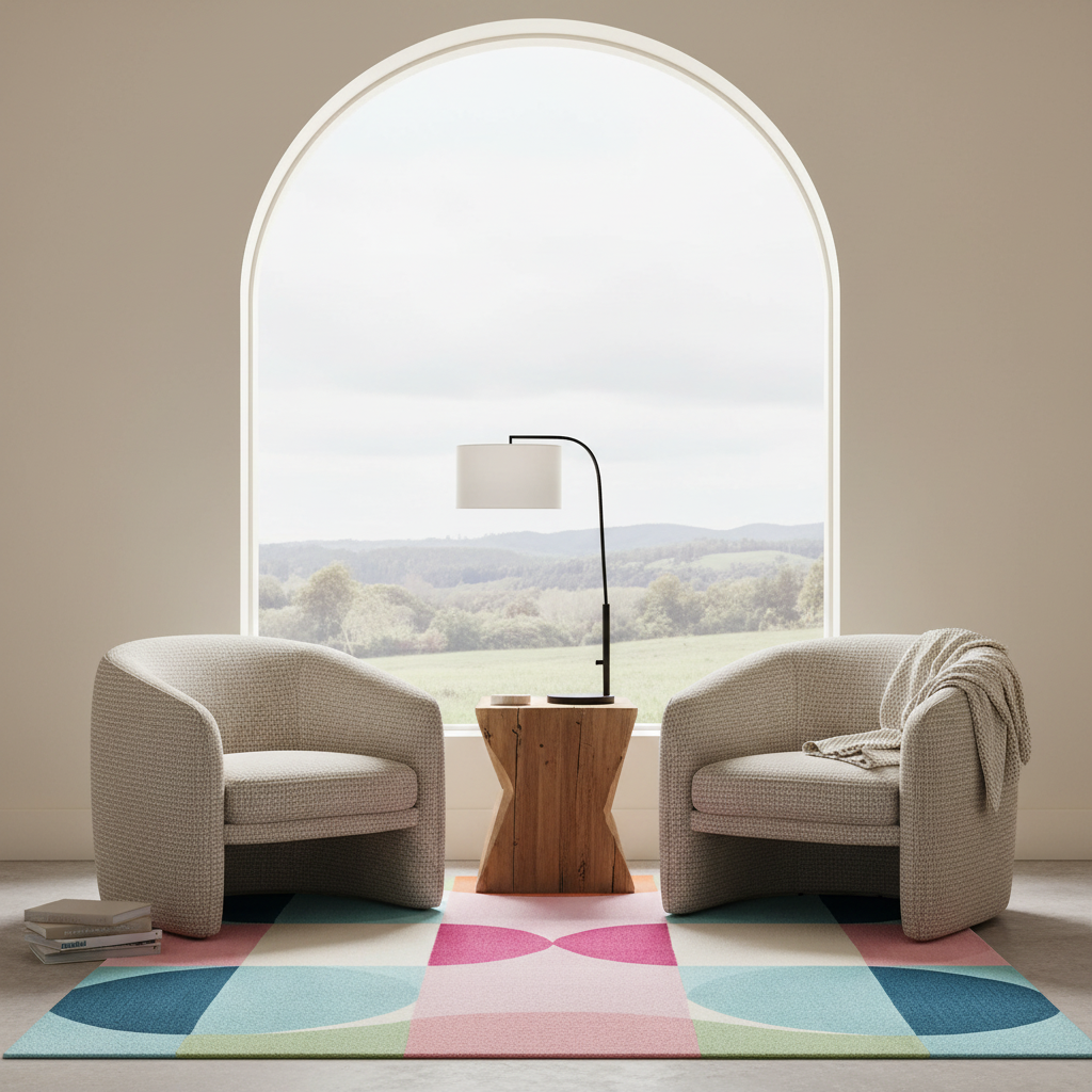 Two cream-colored textured armchairs sit on a colorful geometric area rug in front of a large arched window with a scenic landscape view. A small wooden side table with a black floor lamp stands between the chairs.