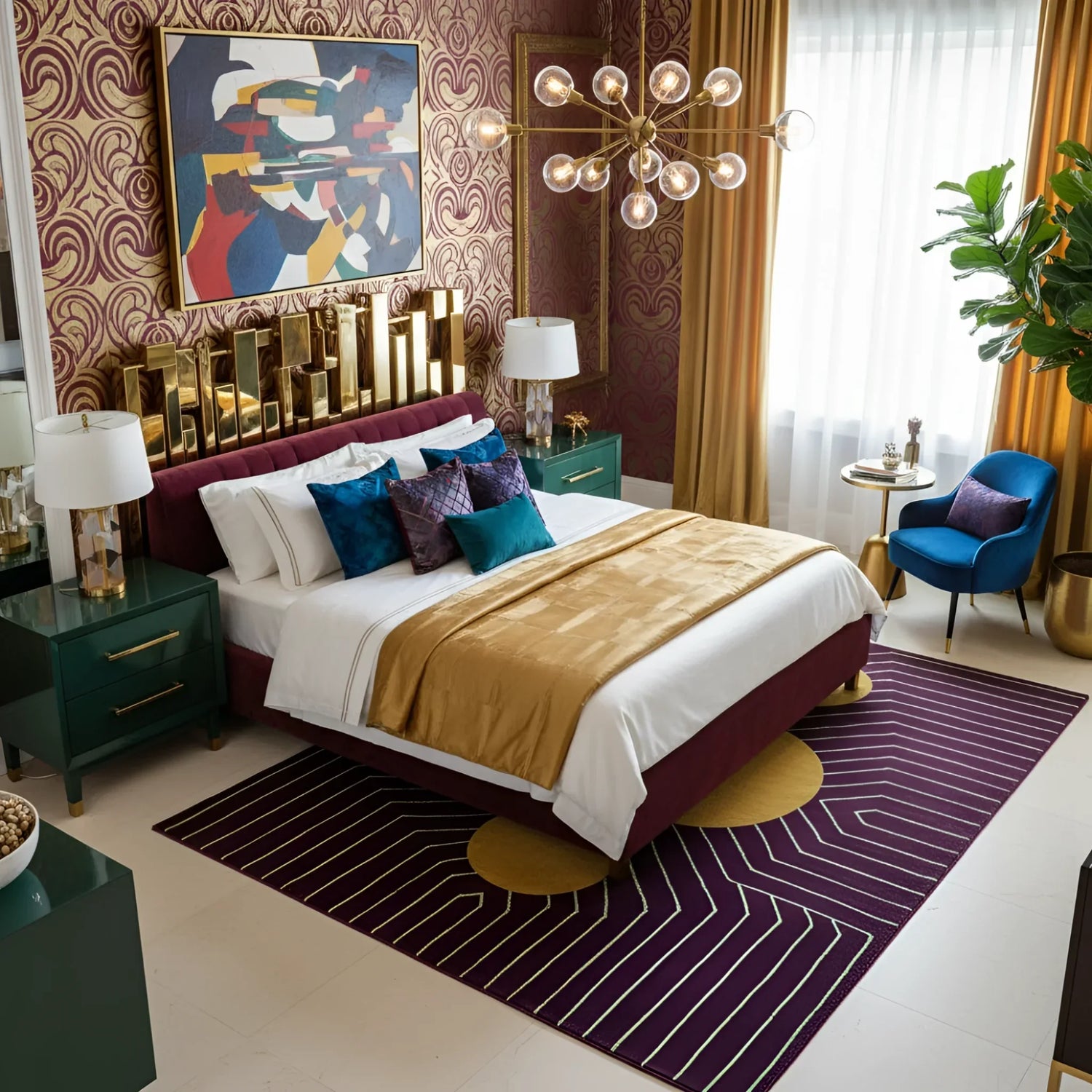 Burgundy Golden Geometric Hand Tufted Wool Rug