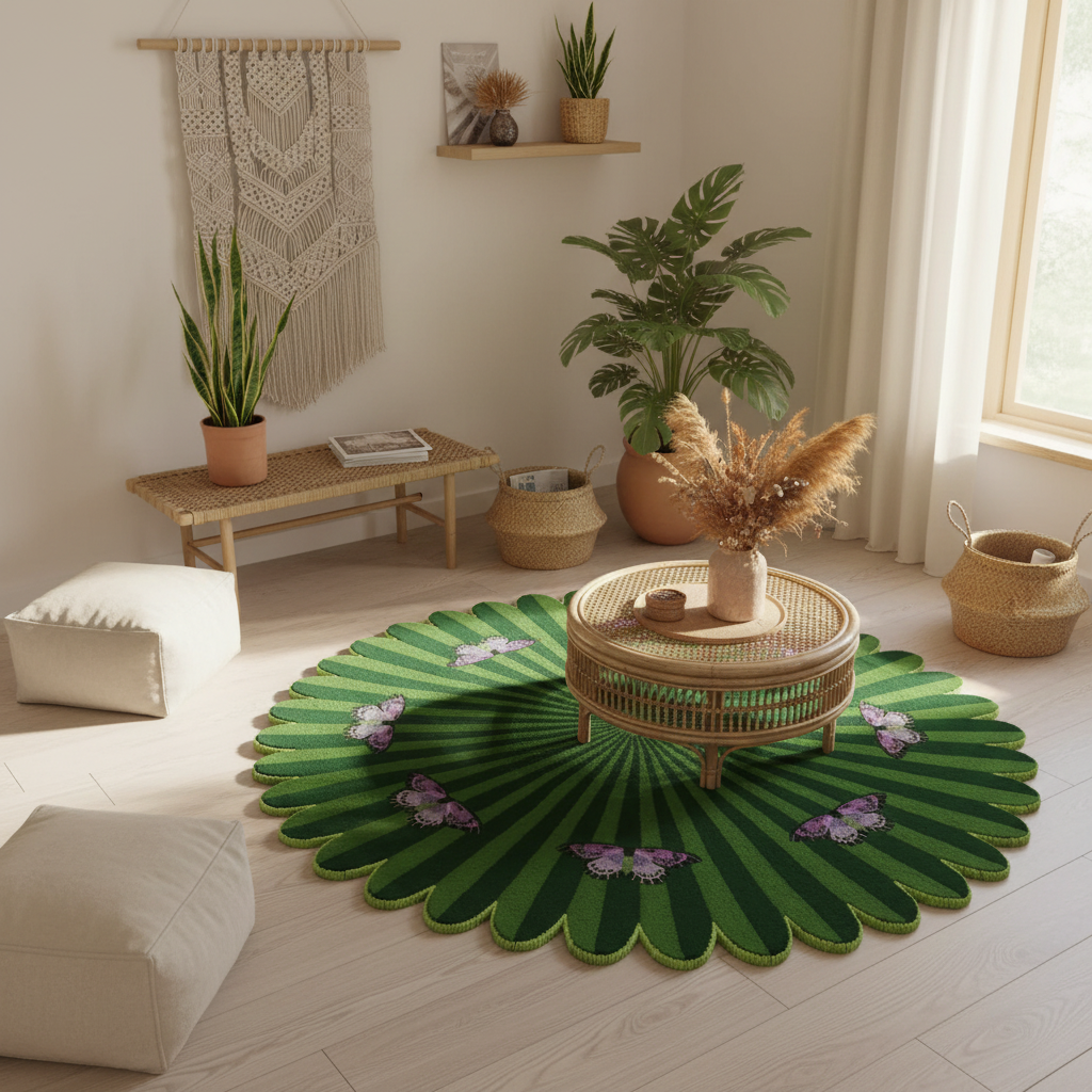 Butterflies over Flower Green Round Hand Tufted Wool Rug