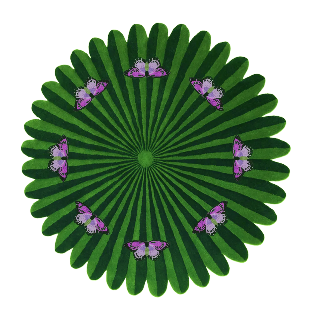 Butterflies over Flower Green Round Hand Tufted Wool Rug