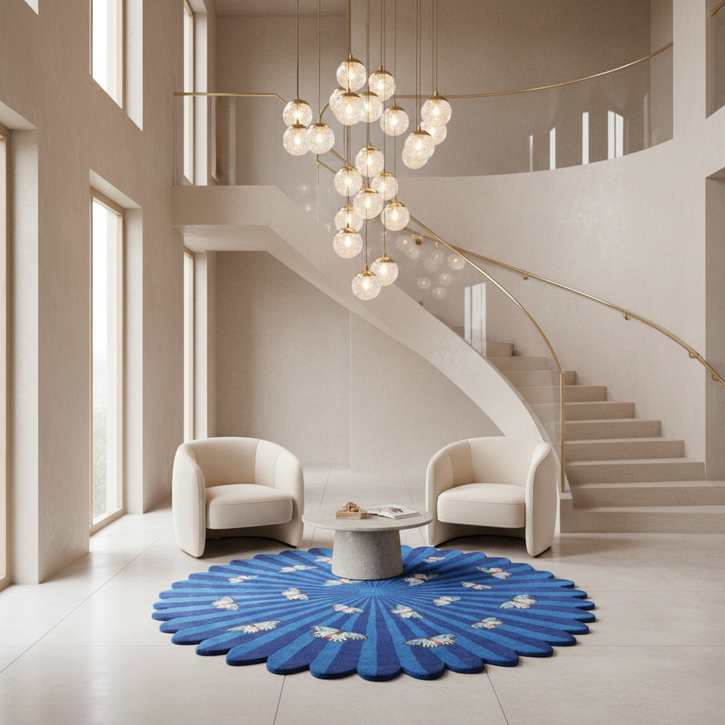 Butterflies over Flower Hand Tufted Wool Rug - Blue