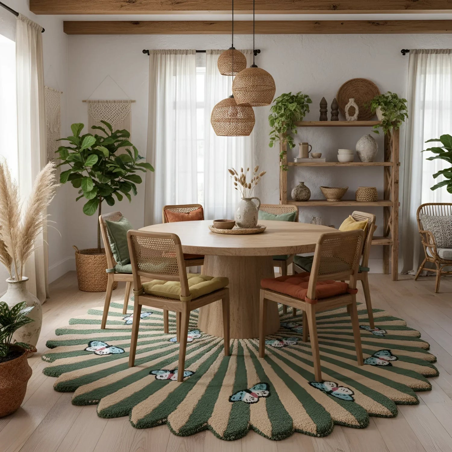 Butterflies over Flower Hand Tufted Wool Rug - Earthy