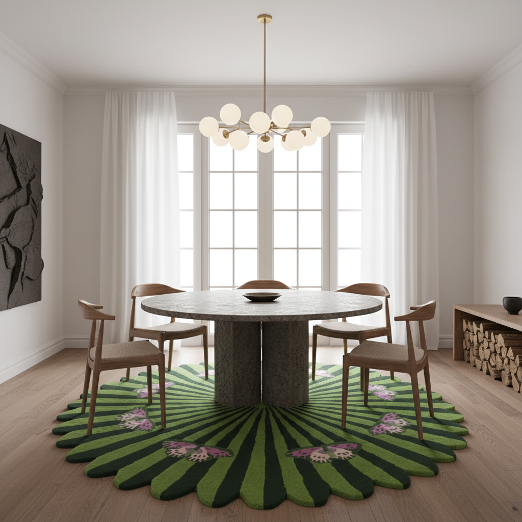 Butterflies over Flower Round Hand Tufted Wool Rug - Light Green