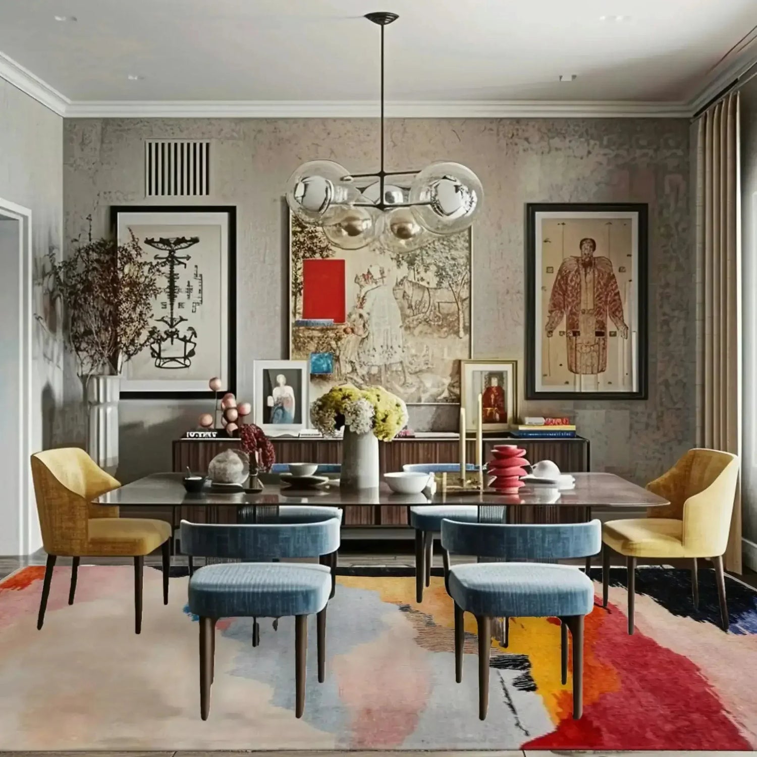 A stylish living room featuring a vibrant area rug with abstract patterns in warm colors, perfect for adding a touch of elegance to office or living room spaces. The wool rug complements the modern furniture and decor, creating a cozy and inviting atmosphere.