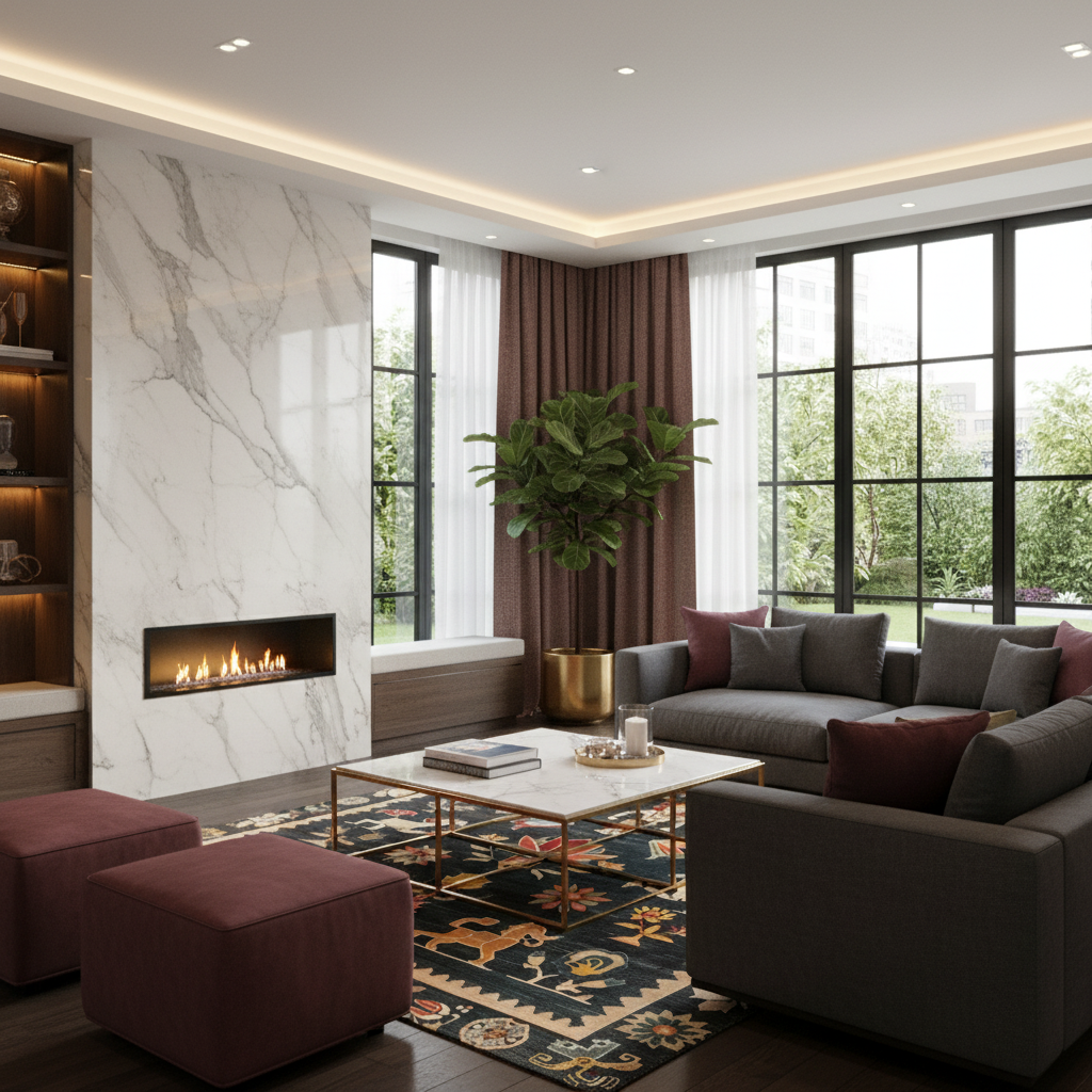 A modern living room interior with a gray sectional sofa, matching armchair, dark red ottomans, a patterned area rug, a marble accent wall with a built-in linear fireplace, large black-framed windows, and a potted green plant.