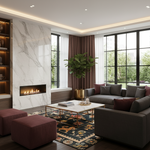 A modern living room interior with a gray sectional sofa, matching armchair, dark red ottomans, a patterned area rug, a marble accent wall with a built-in linear fireplace, large black-framed windows, and a potted green plant.