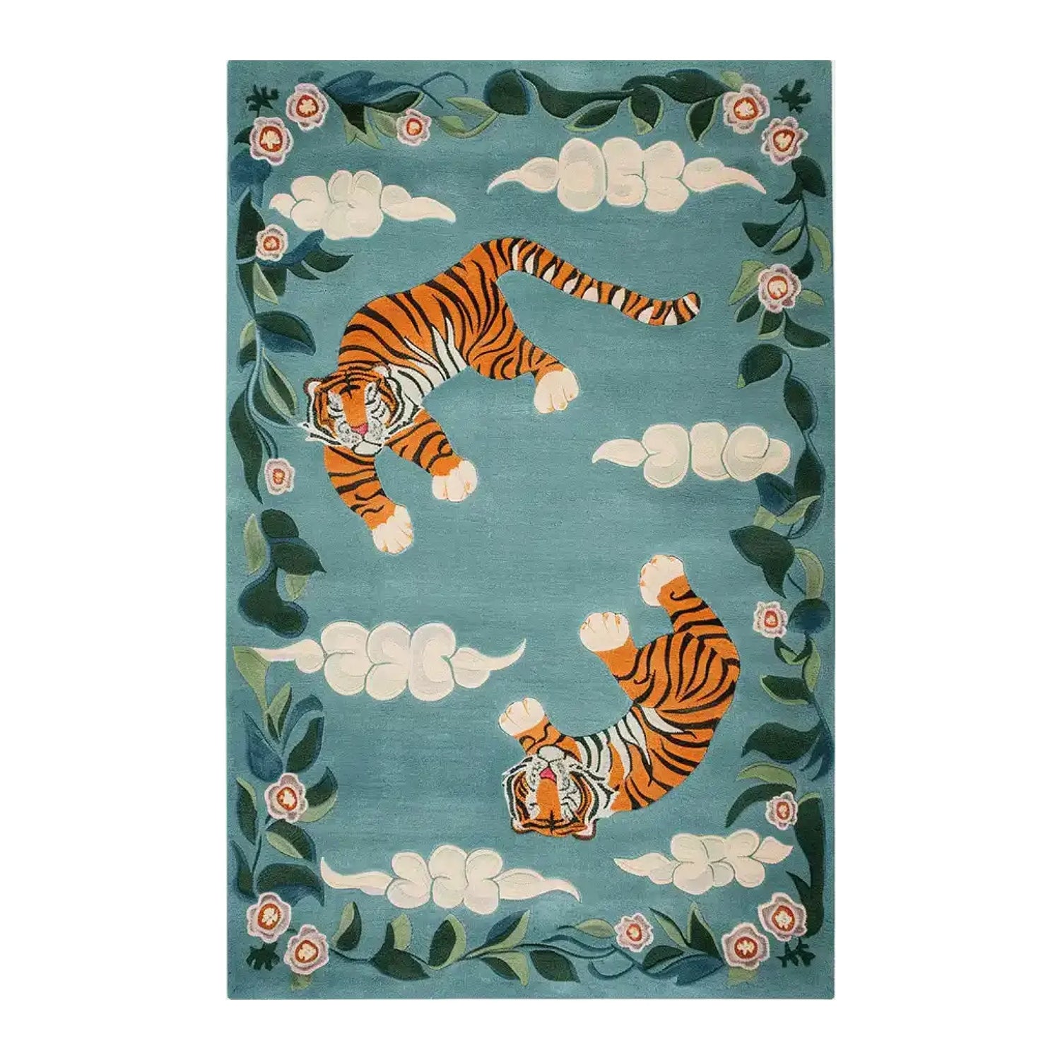 Vibrant area rug featuring an abstract design with two tigers amidst a backdrop of swirling clouds and floral accents on a teal background. The hand-tufted wool rug brings a touch of elegance and wildlife art to any room.
