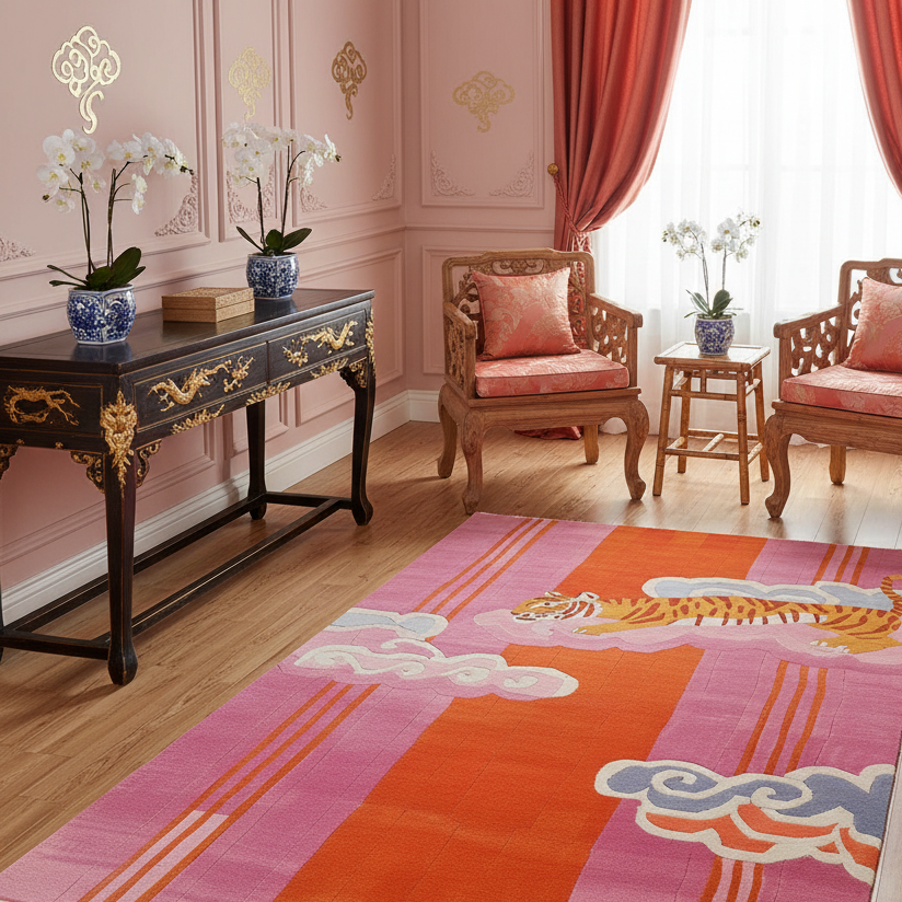Decorative room with pink walls, wooden furniture, and a colorful rug.
