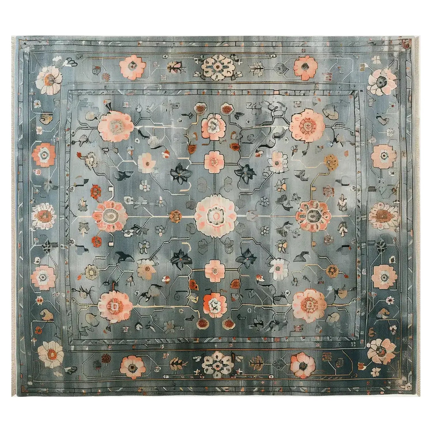 A beautifully designed area rug featuring a celestial tranquility theme with intricate floral patterns in soft pastel colors. The wool rug showcases a harmonious blend of blues and pinks, creating a serene and elegant look.