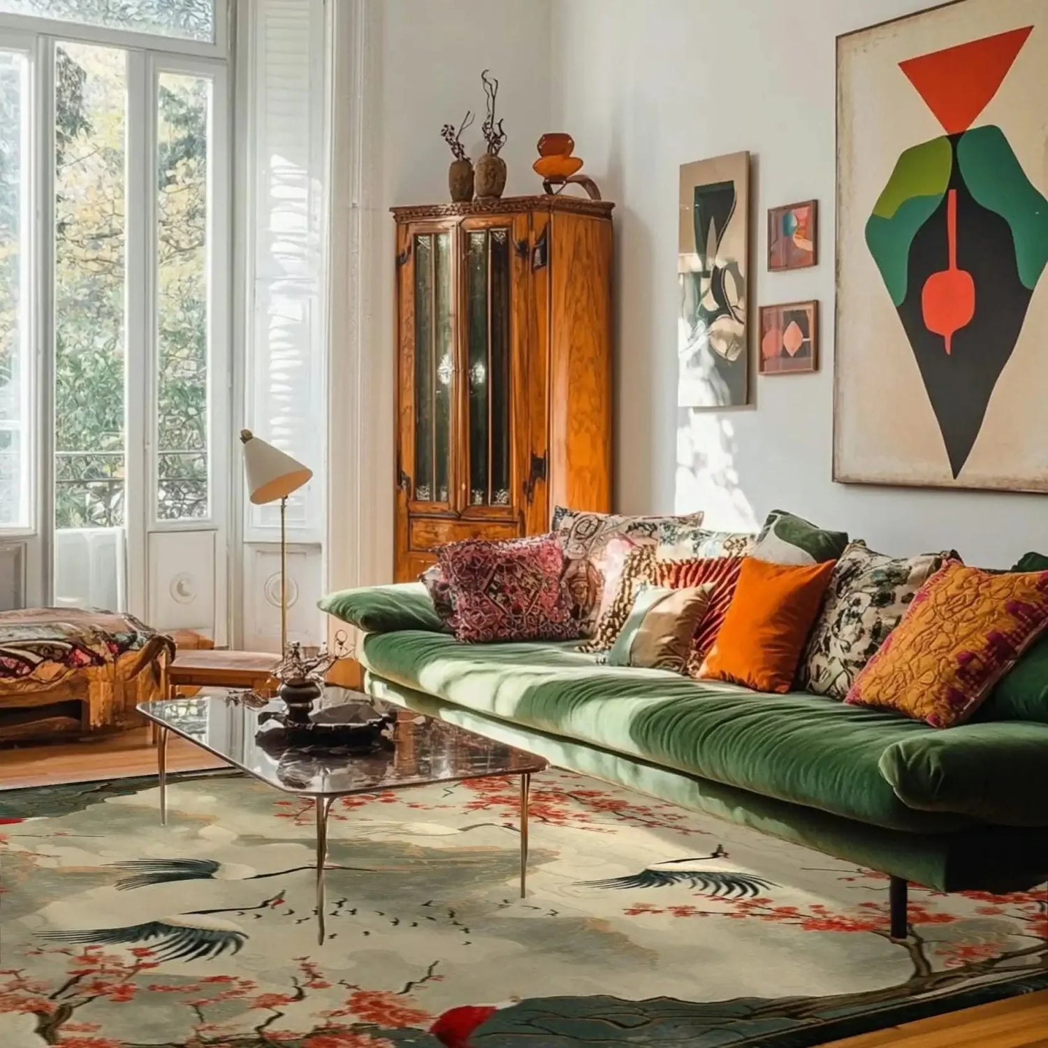 Cherry Blossom and Crane Hand Knotted Area Rug