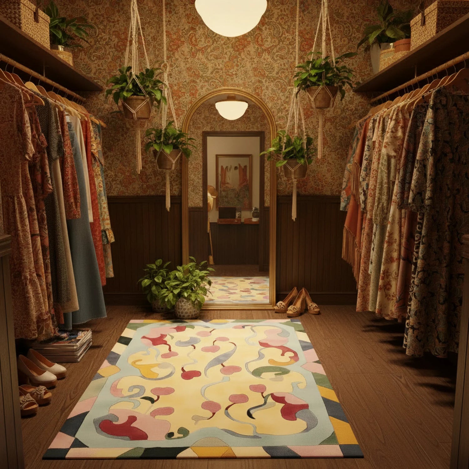 Vintage-style room with hanging plants, patterned rug, and wooden floor.