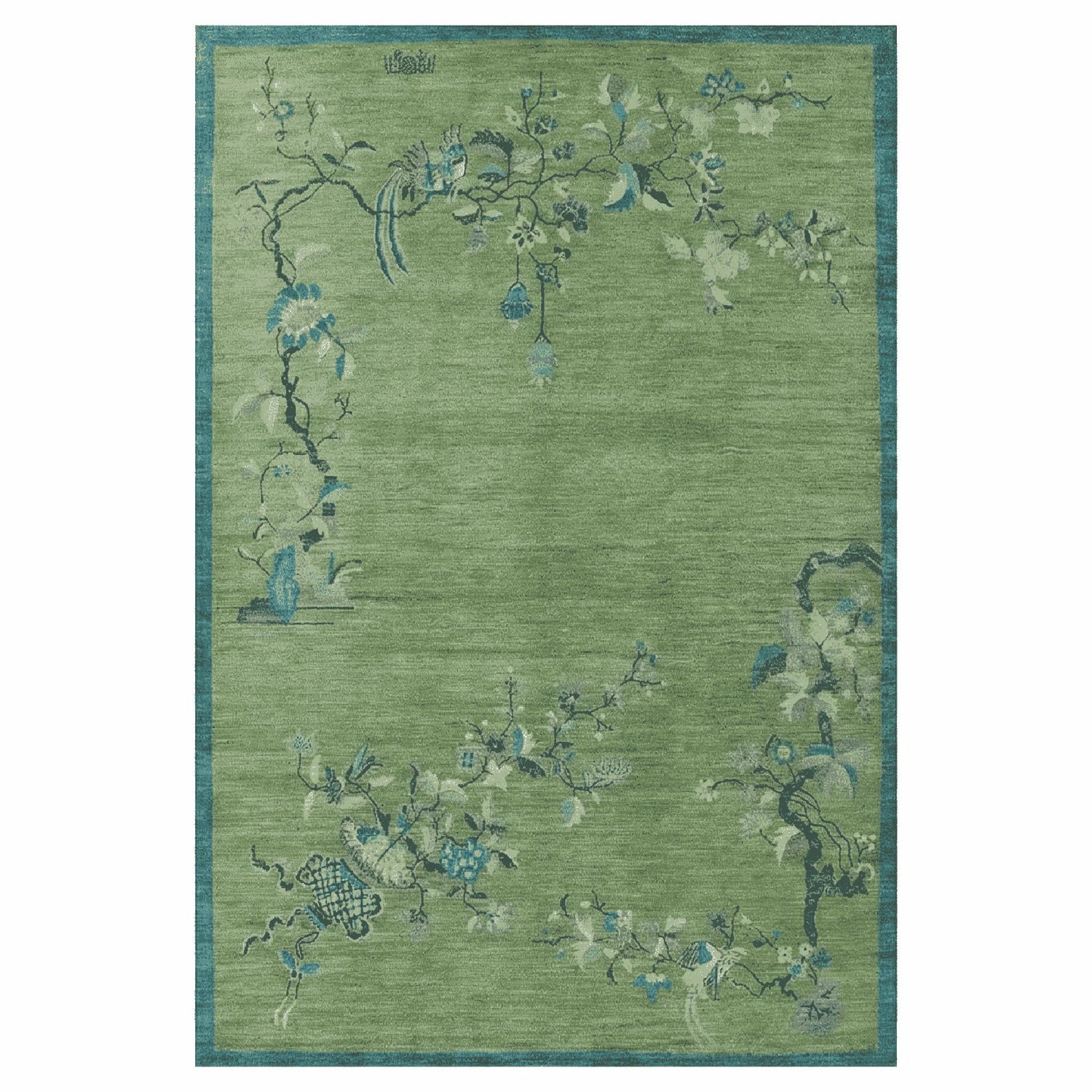 Chinoiserie Peacock in Green Field Wool Hand Knotted Area Rug