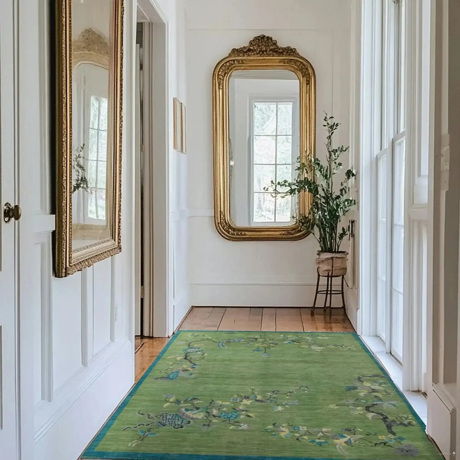 Chinoiserie Peacock in Green Field Wool Hand Knotted Area Rug