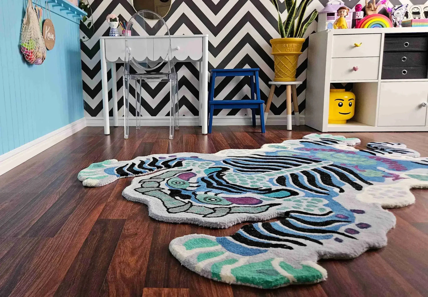 Chinoiserie Tibetan Tiger Hand Tufted Wool Rug - Blue