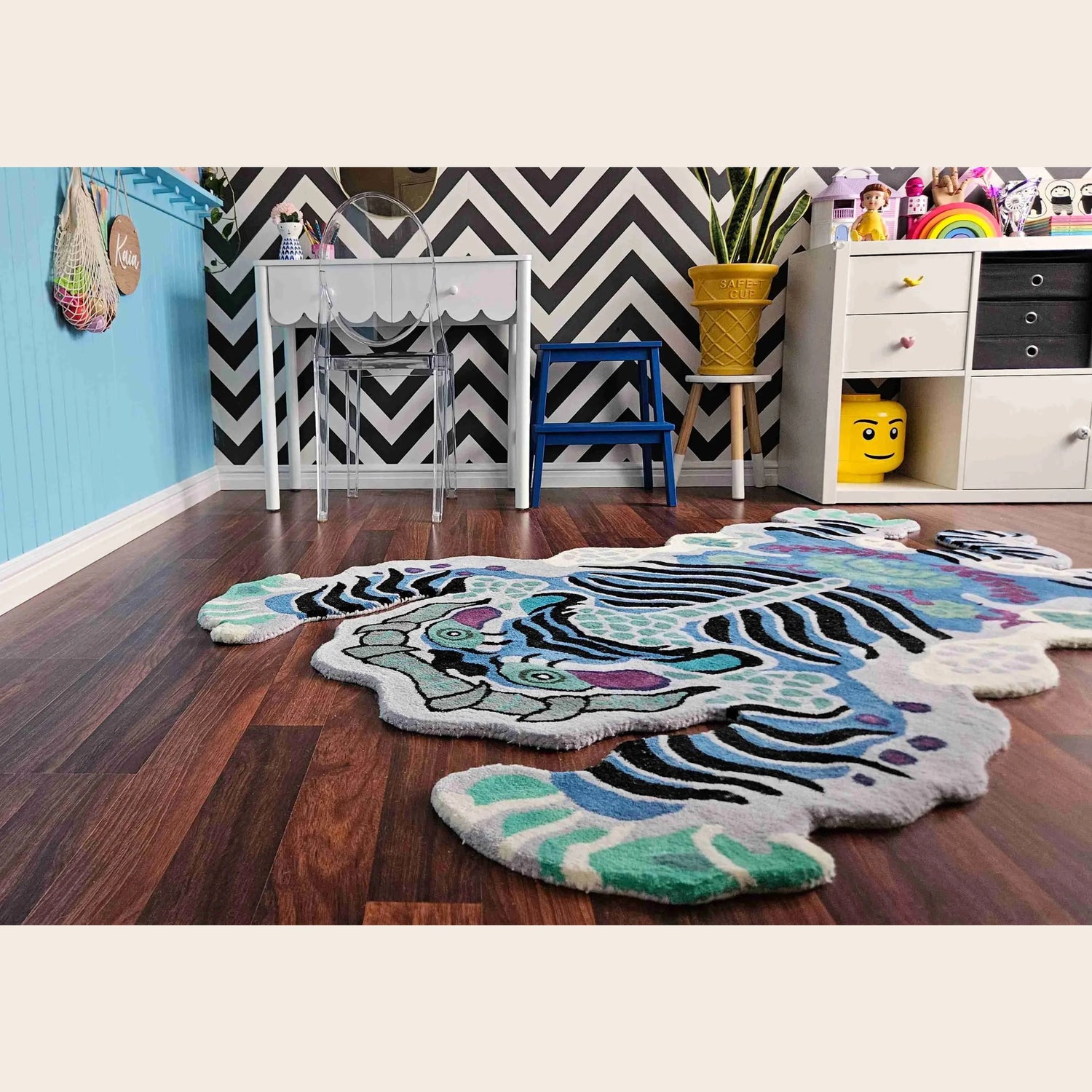 Chinoiserie Tibetan Tiger Hand Tufted Wool Rug - Blue - MAIA HOMES