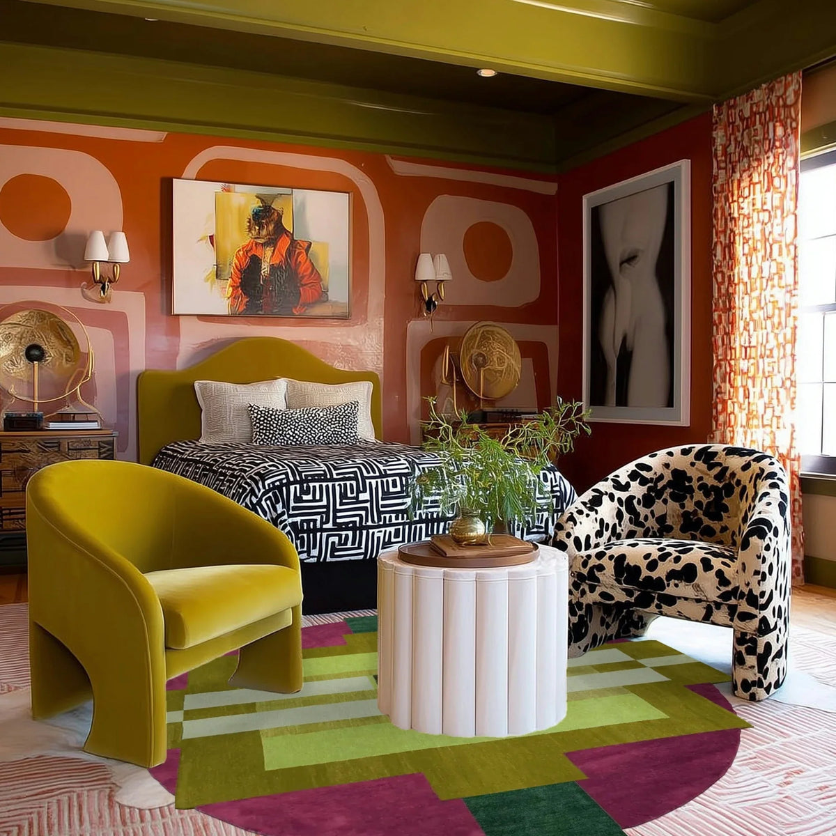 Colorful bedroom with abstract wall art, patterned rug, and modern furniture.