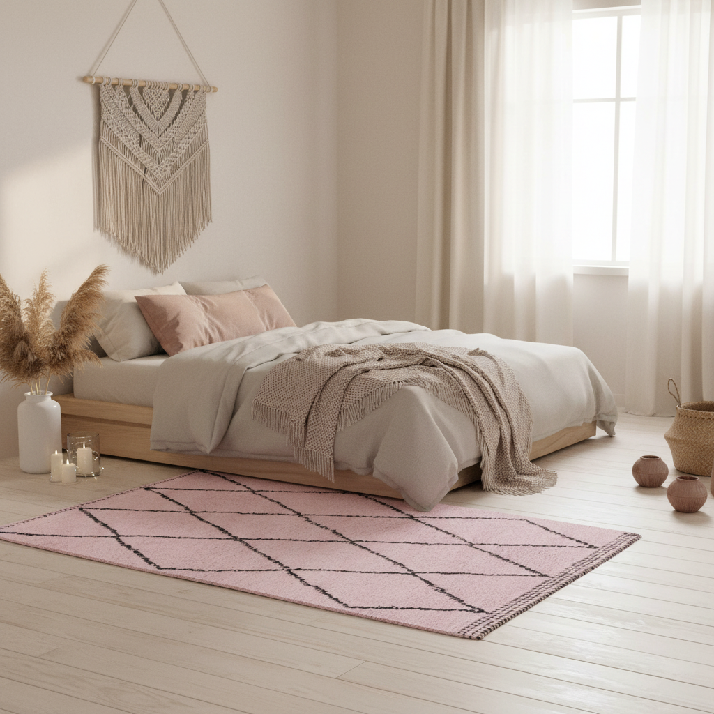 Classic Diamond Moroccan Berber Handwoven Wool Area Rug - Blush