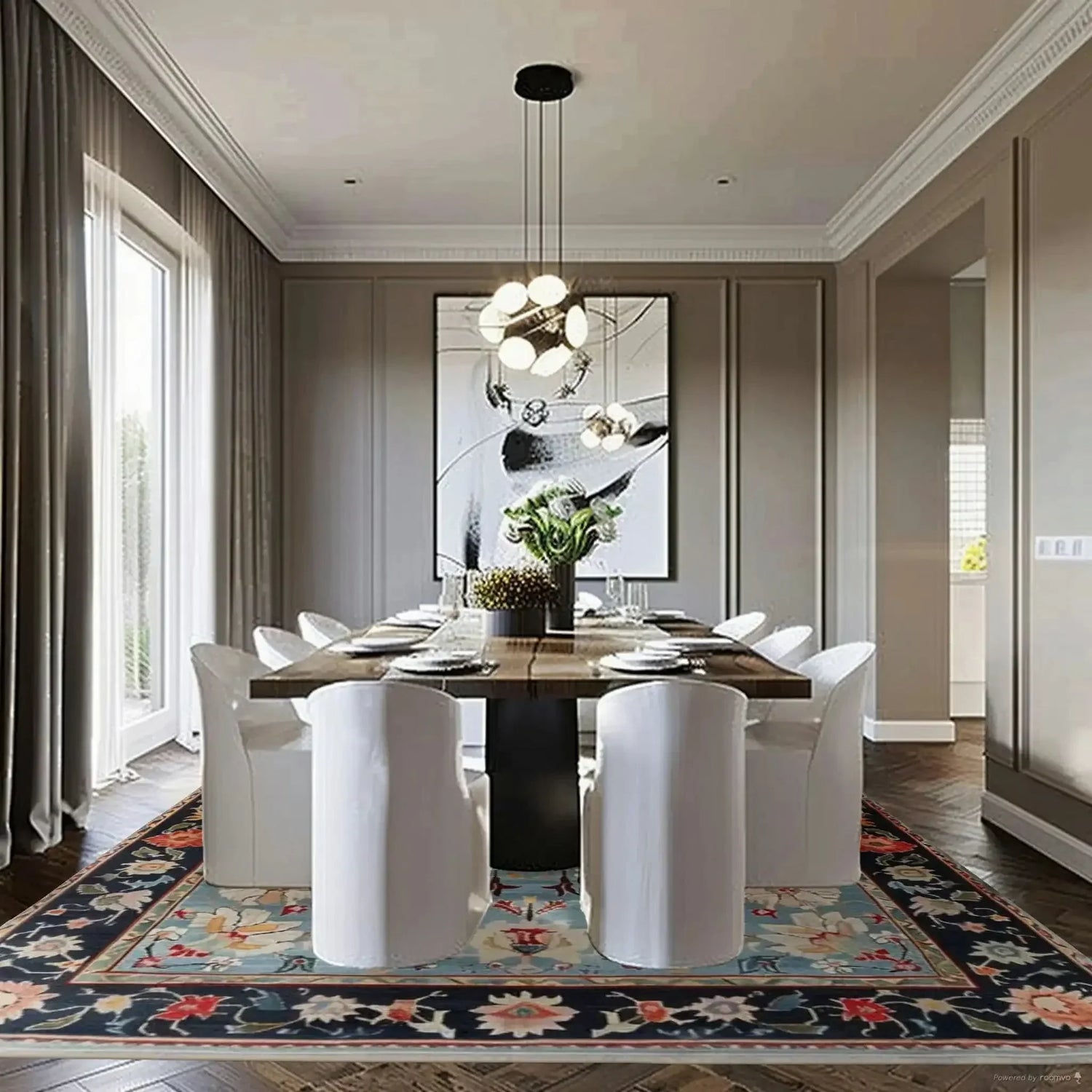Modern dining room with a wooden table and white chairs on a colorful blue persian hand knotted rug.