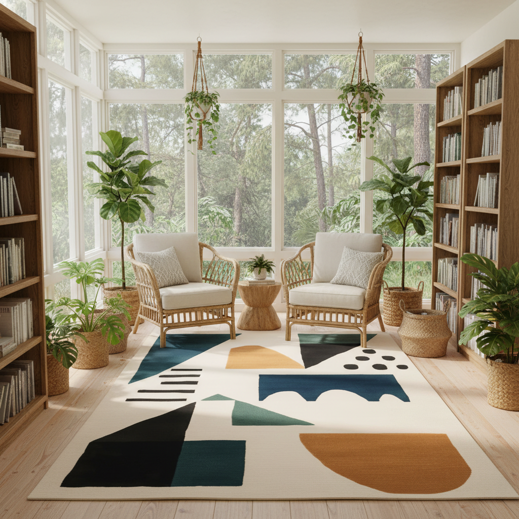Modern living room with a geometric rug, wicker chairs, and bookshelves.