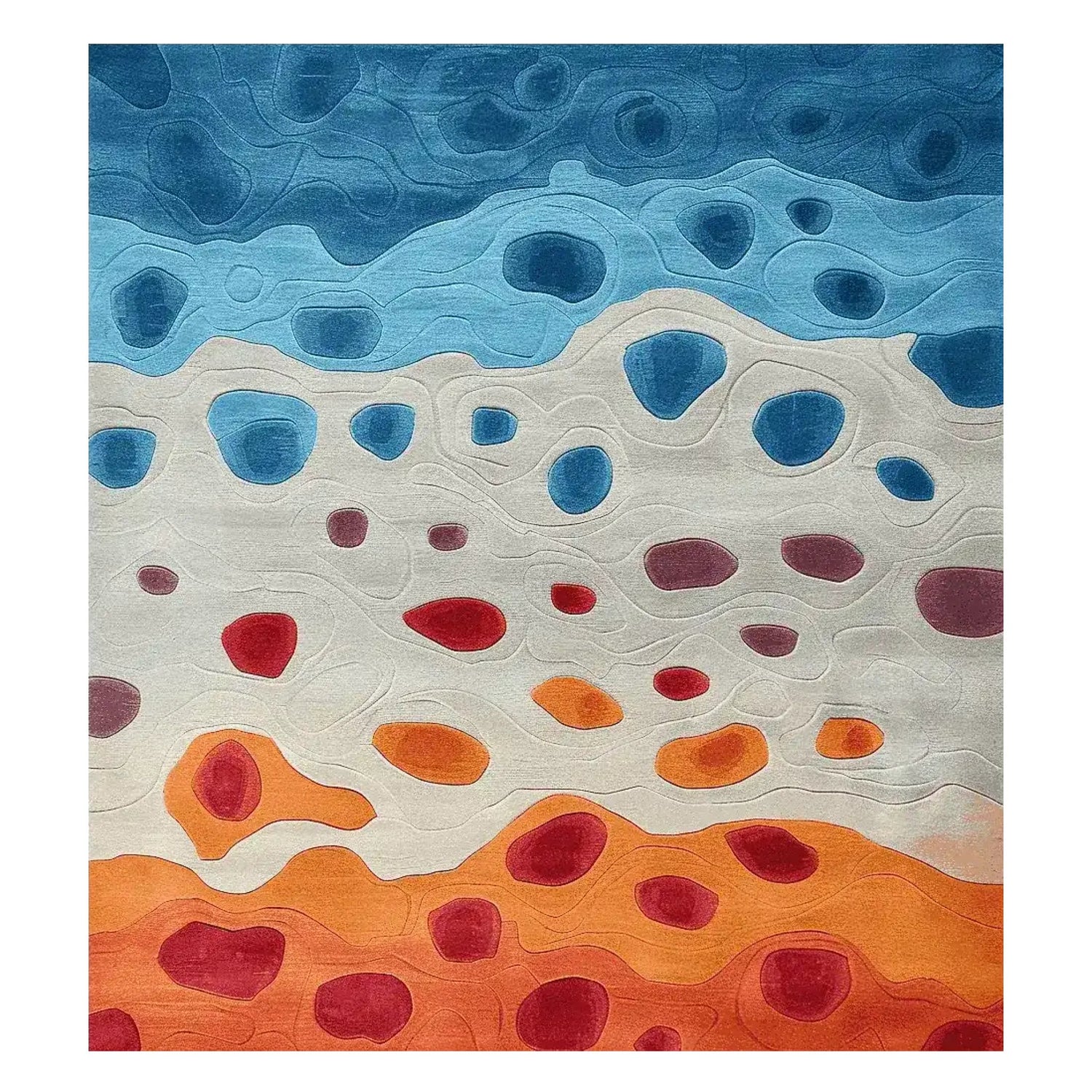 Colorful abstract pattern hand tufted wool rug with blue, red, orange, and purple colors.