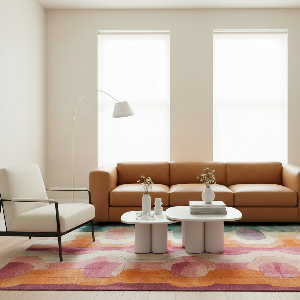 A modern living room scene with a tan leather sofa, cream armchair, two white coffee tables, a tall white floor lamp, and a large multicolor abstract-patterned rug on a light wood floor.