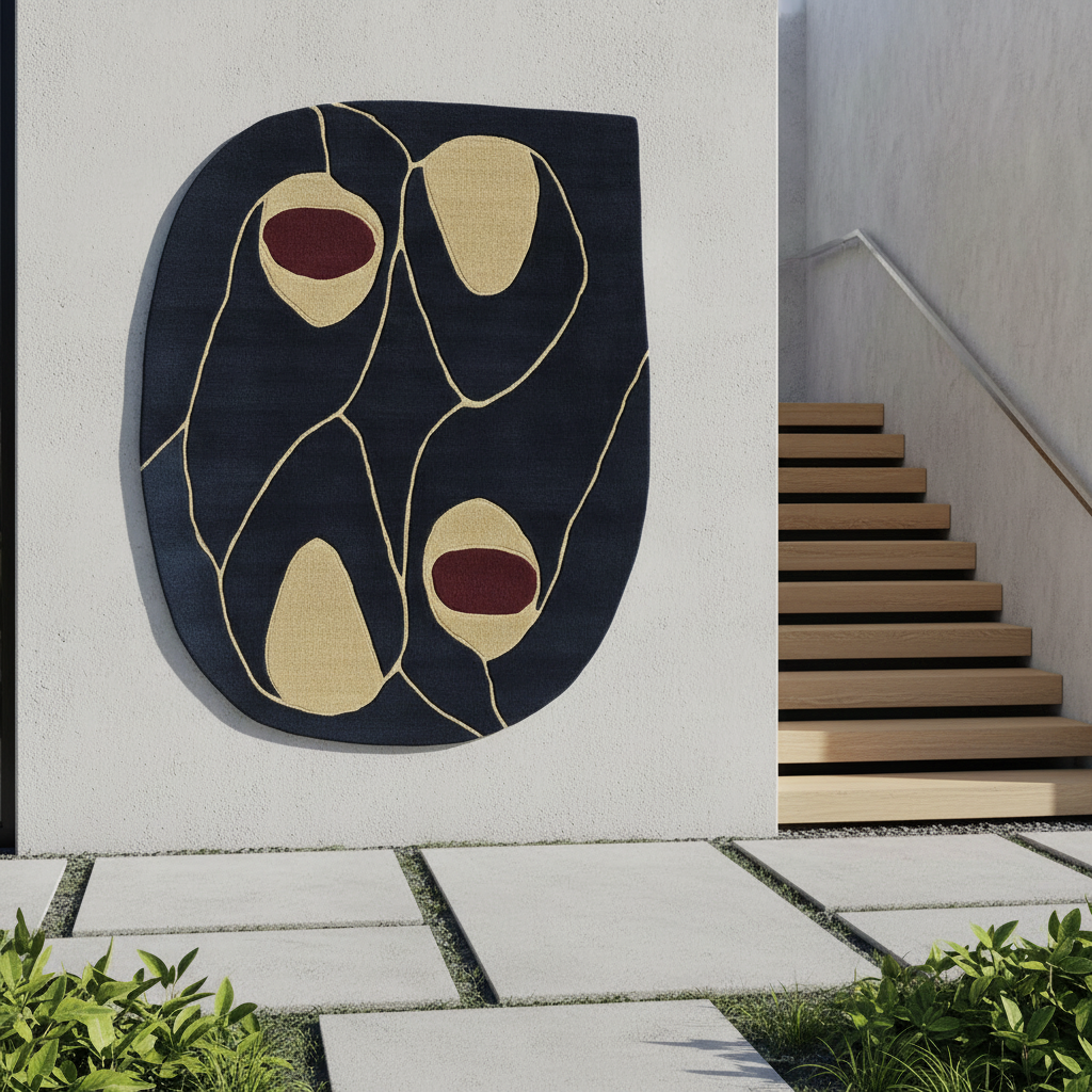 Abstract wall art with geometric design on a light gray wall next to a staircase.