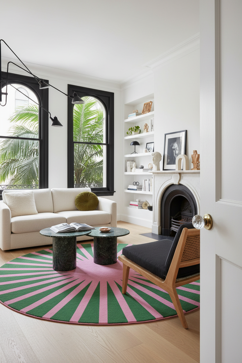 Modern living room with a colorful rug, sofa, and fireplace.
