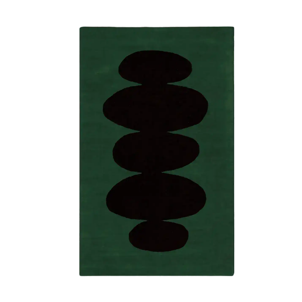Dark green rug with a central black abstract design on a white background