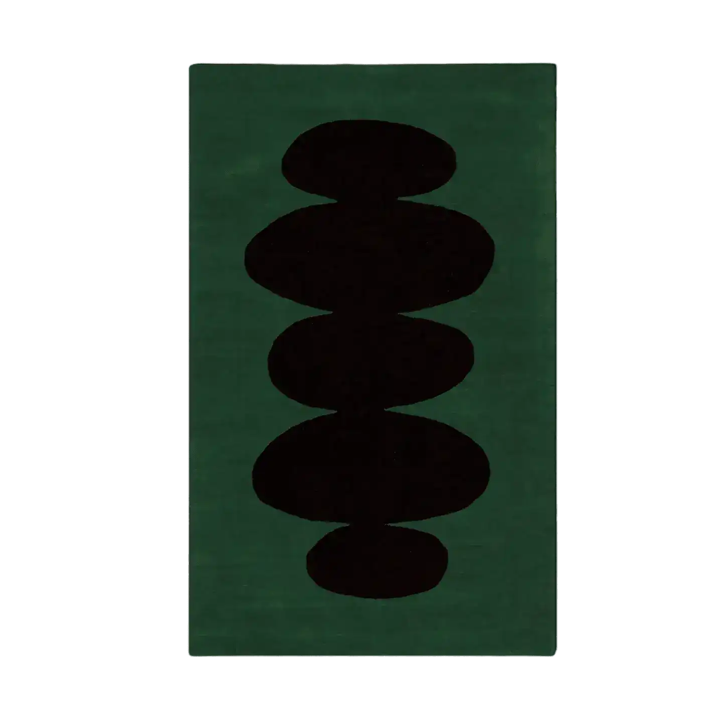 Dark green rug with a central black abstract design on a white background