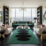 Modern living room with a green hand tufted wool rug by 1001 knots, sofa, and bookshelves.