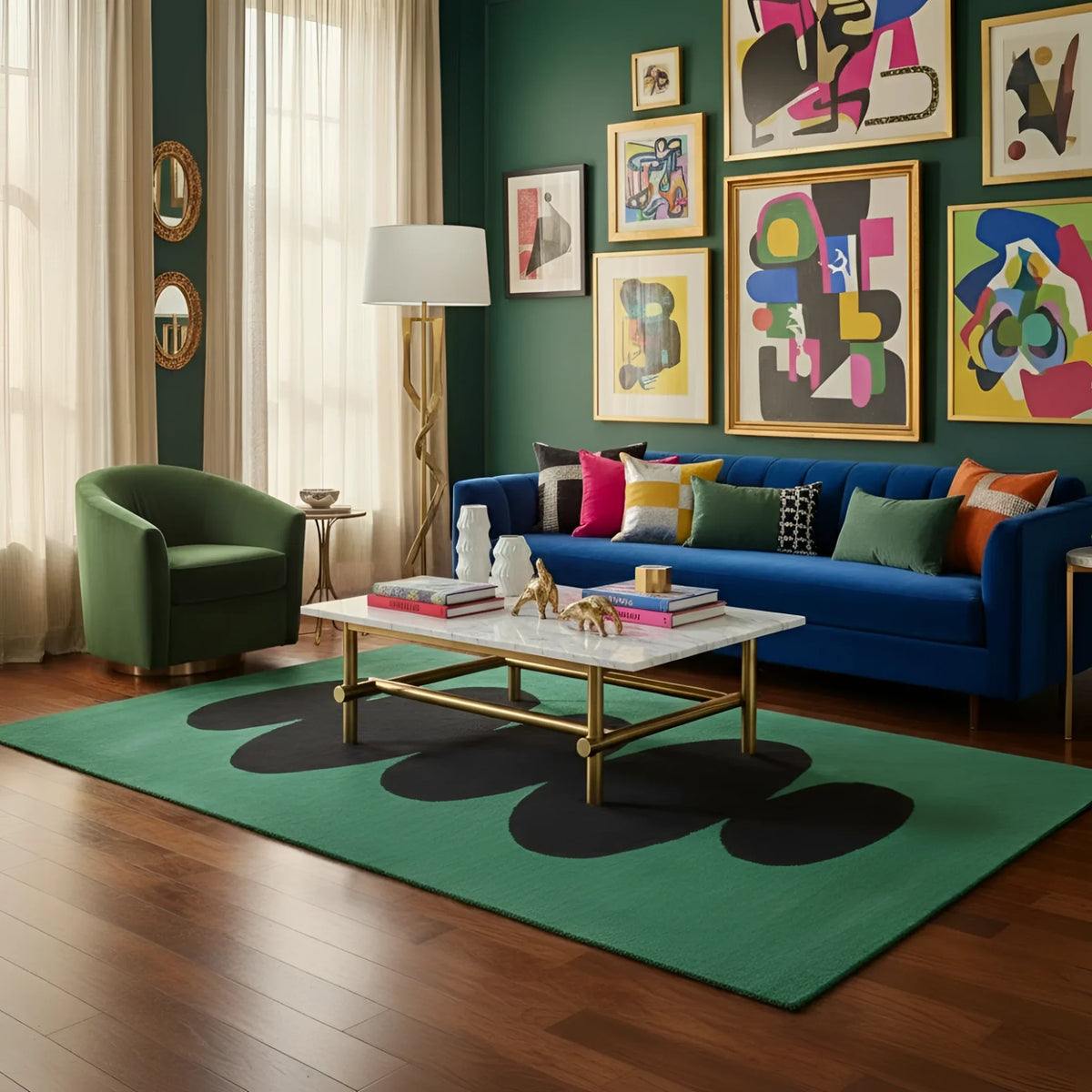 Modern living room with a blue sofa, green armchair, and colorful abstract art on the wall.