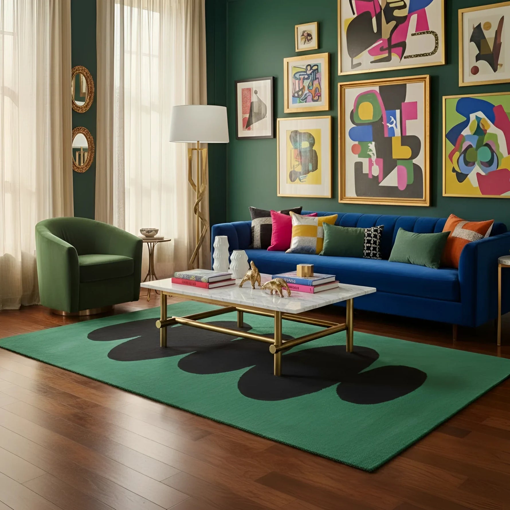Modern living room with a blue sofa, green armchair, and colorful abstract art on the wall.