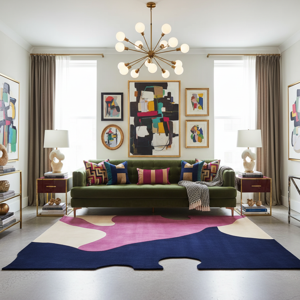 Modern living room with a green sofa, colorful rug, and abstract art on the walls.