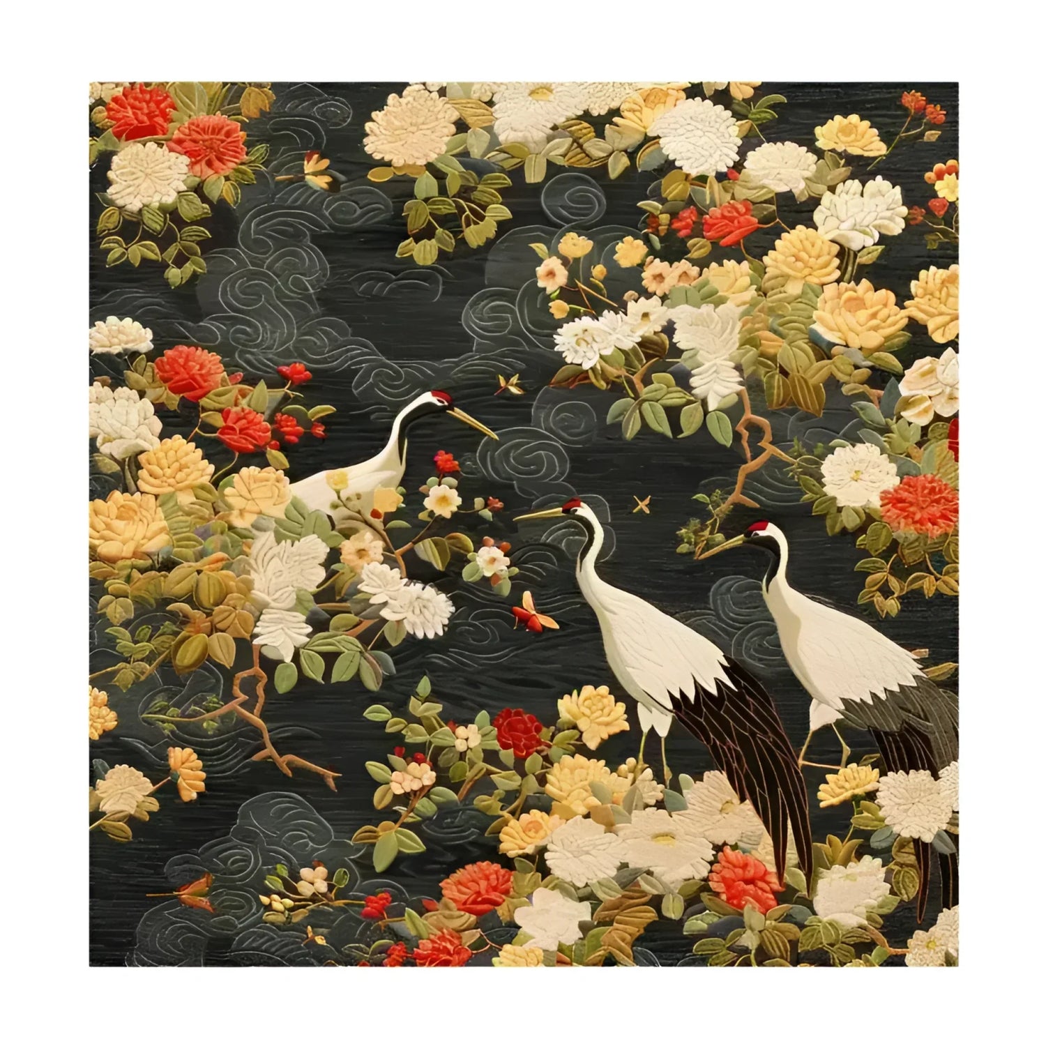 Hand-tufted area rug featuring elegant cranes among vibrant flowers on a dark background, perfect for adding a touch of nature to your office or large living room. This wool rug brings warmth and style, making it ideal for any living room setting.
