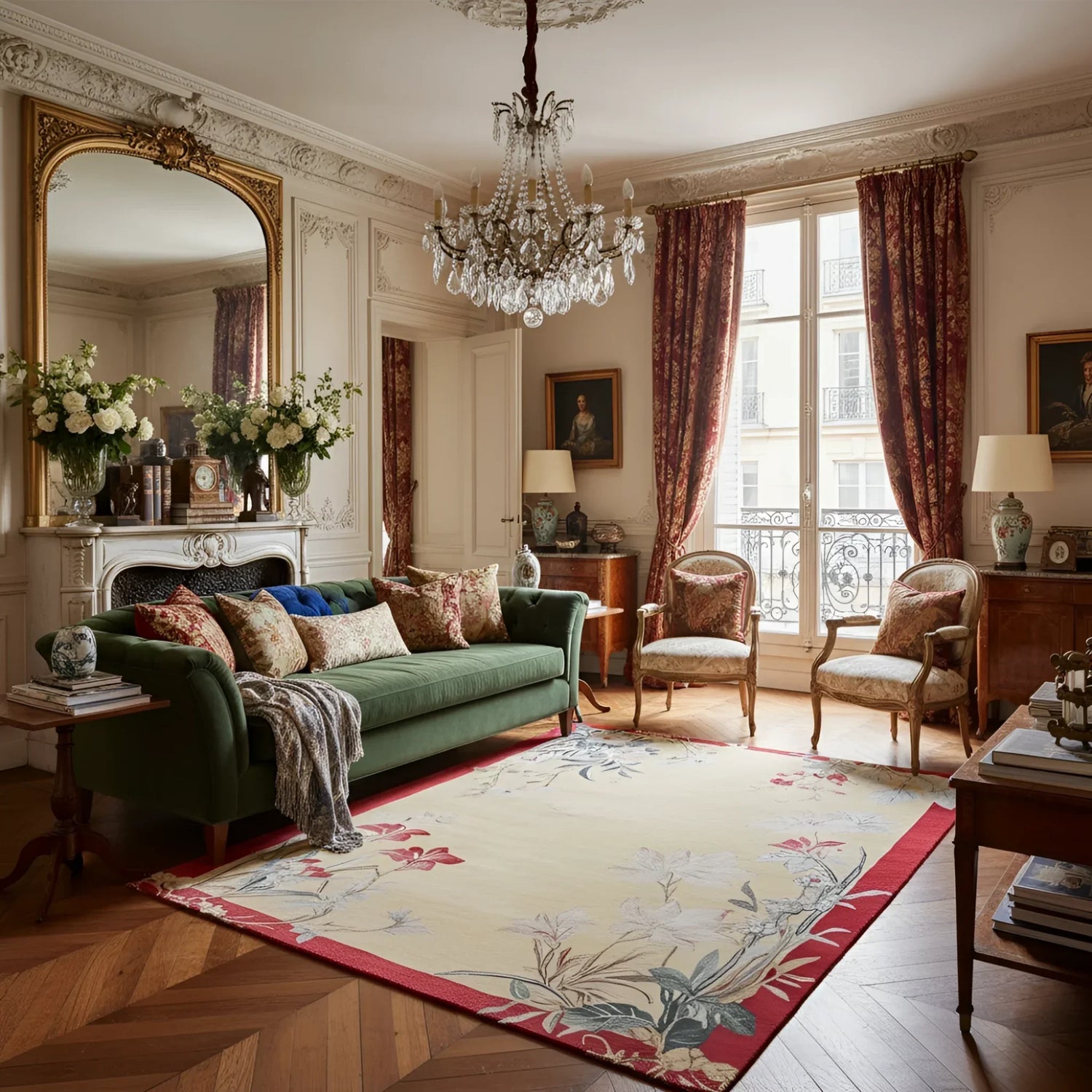 Crimson Bloom Scroll Hand Tufted Rug