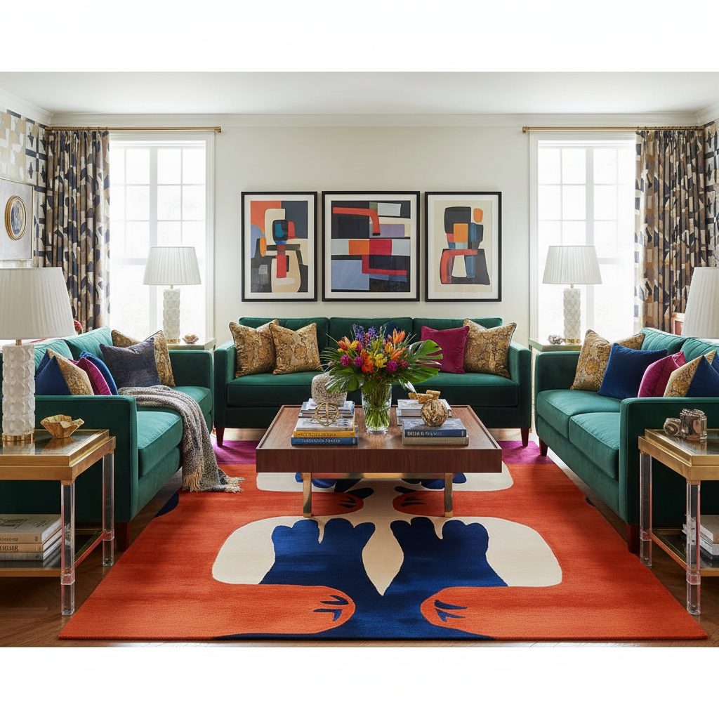 Modern living room with teal sofas, colorful rug, and abstract art.