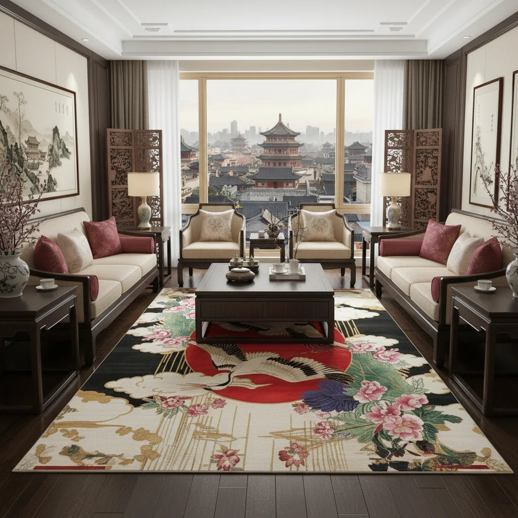 Crimson Crane Hand Tufted Wool Rug