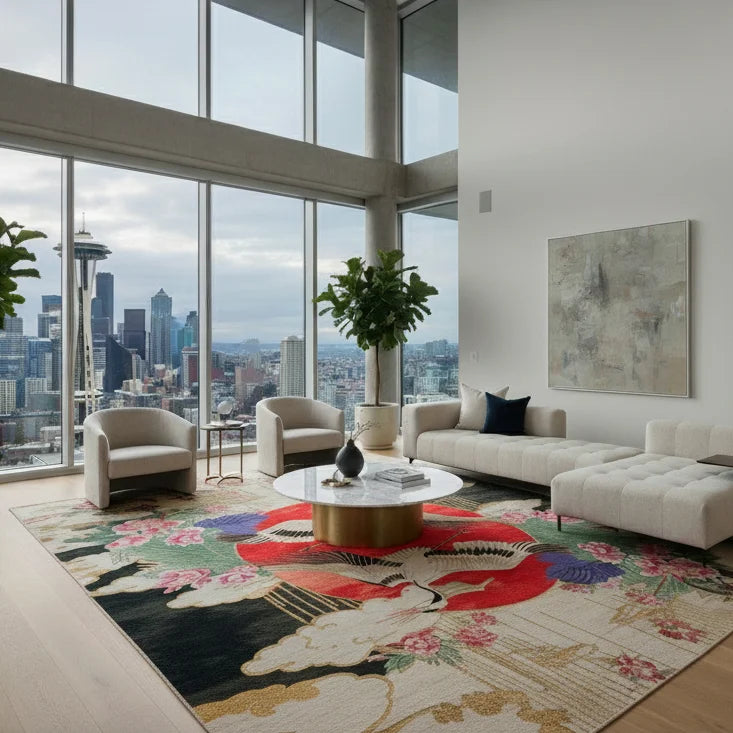 Modern living room with a cityscape view, colorful rug, and stylish furniture.