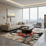 Modern living room with a cityscape view, floral rug, and decorative elements.