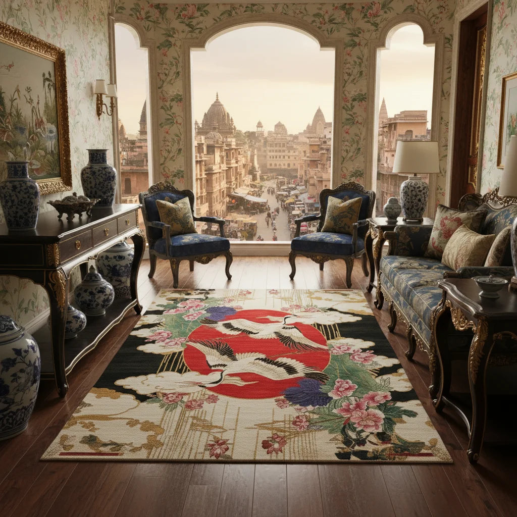 Luxurious living room with ornate decor, floral rug, and cityscape view.