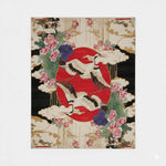 Traditional Japanese design with cranes, flowers, and a red circle on a black background