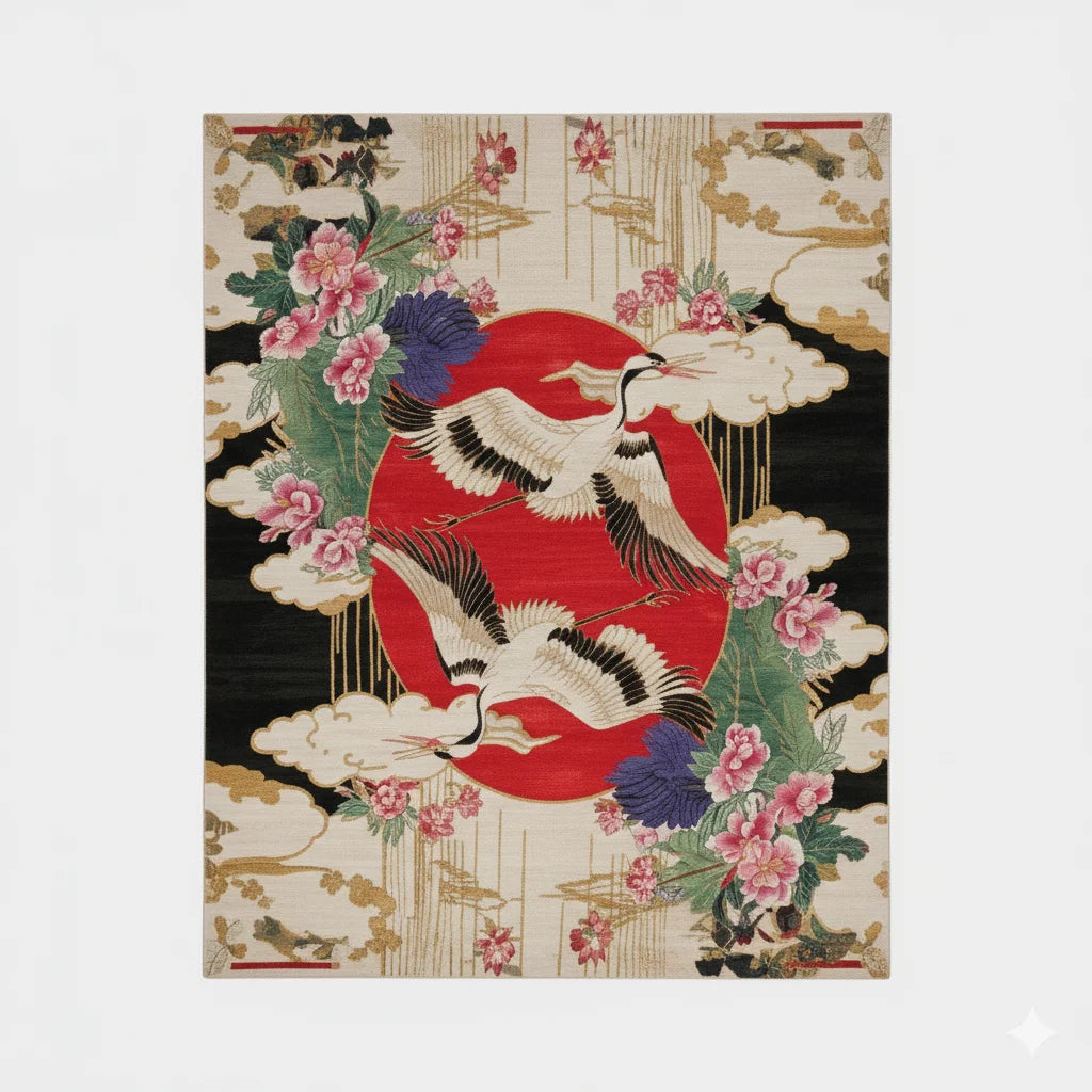 Traditional Japanese design with cranes, flowers, and a red circle on a black background