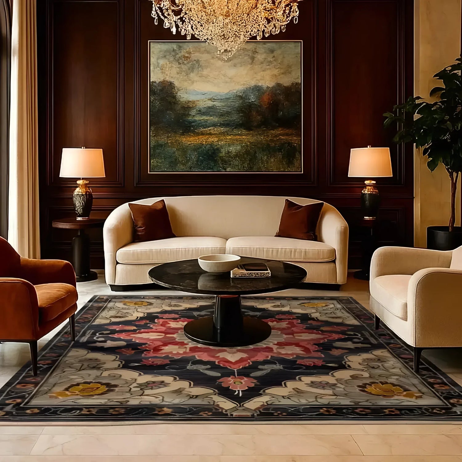 Elegant living room featuring a luxurious Dark Floral Harmony medium hand-knotted wool rug, perfect for an 8x10 area. The rug's intricate Persian-inspired design adds a touch of sophistication, complementing the plush seating and classic decor. Ideal for enhancing living room and bedroom spaces with its rich colors and timeless appeal.