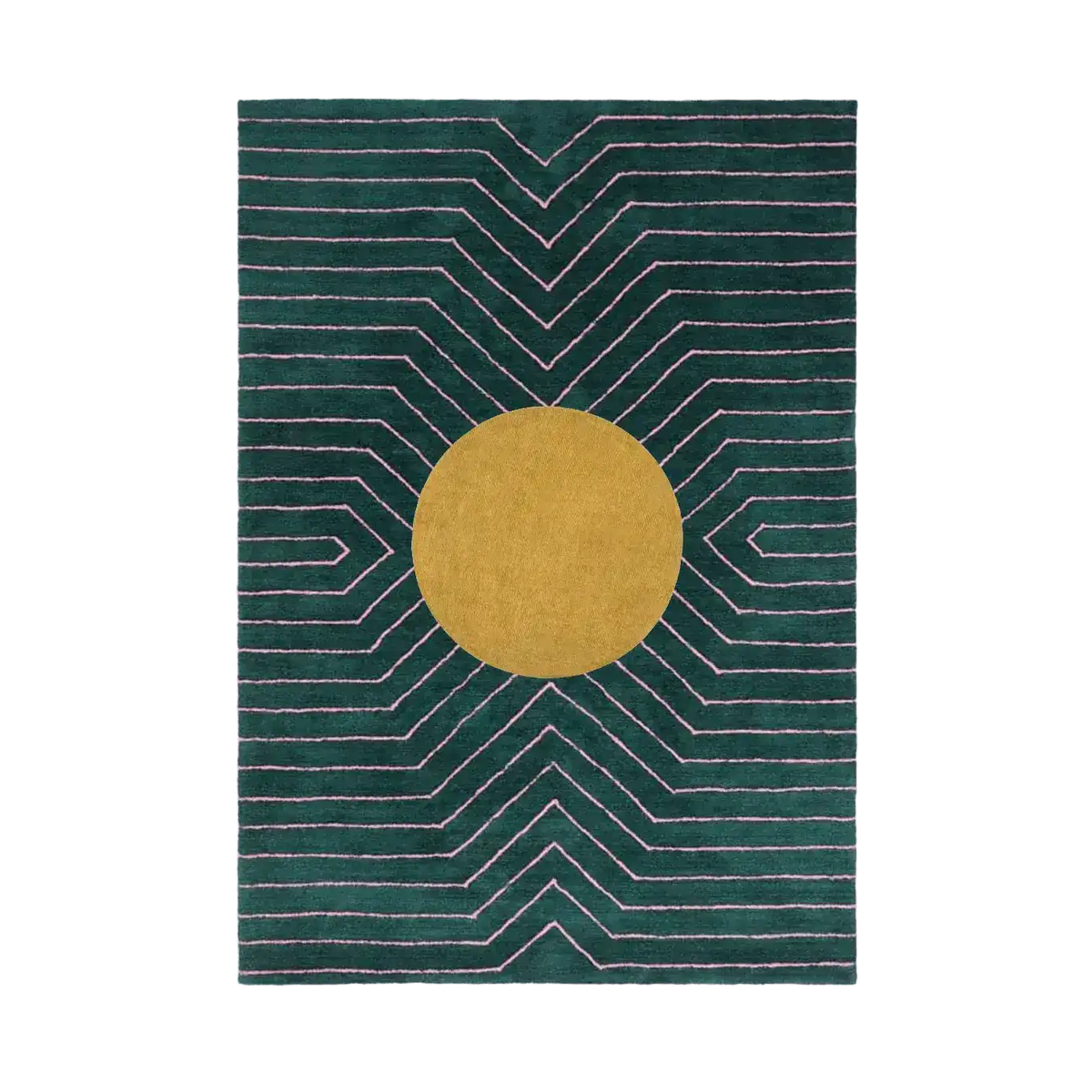 Rug with geometric pattern featuring a yellow circle on a green background