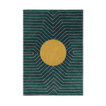 Rug with geometric pattern featuring a yellow circle on a green background