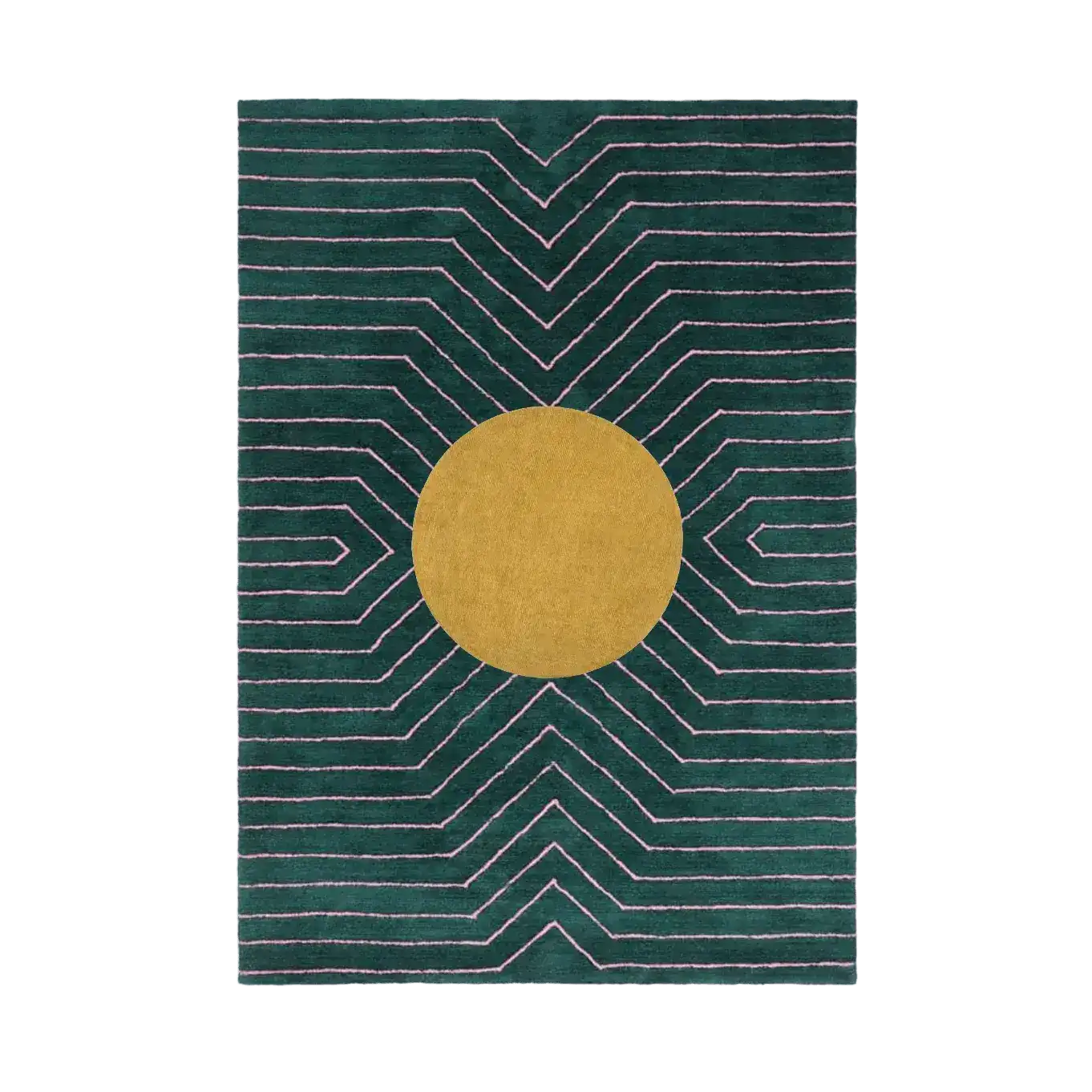 Rug with geometric pattern featuring a yellow circle on a green background