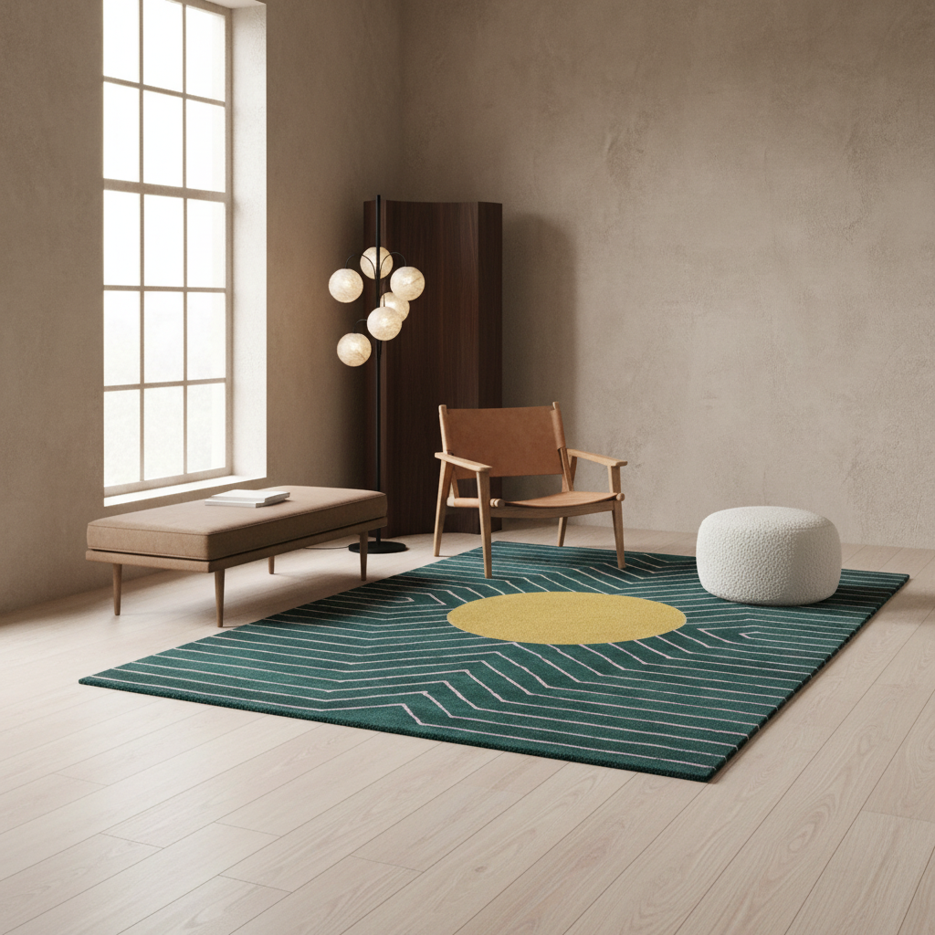 Dark Teal Gold Circle Geometric Hand Tufted Wool Rug