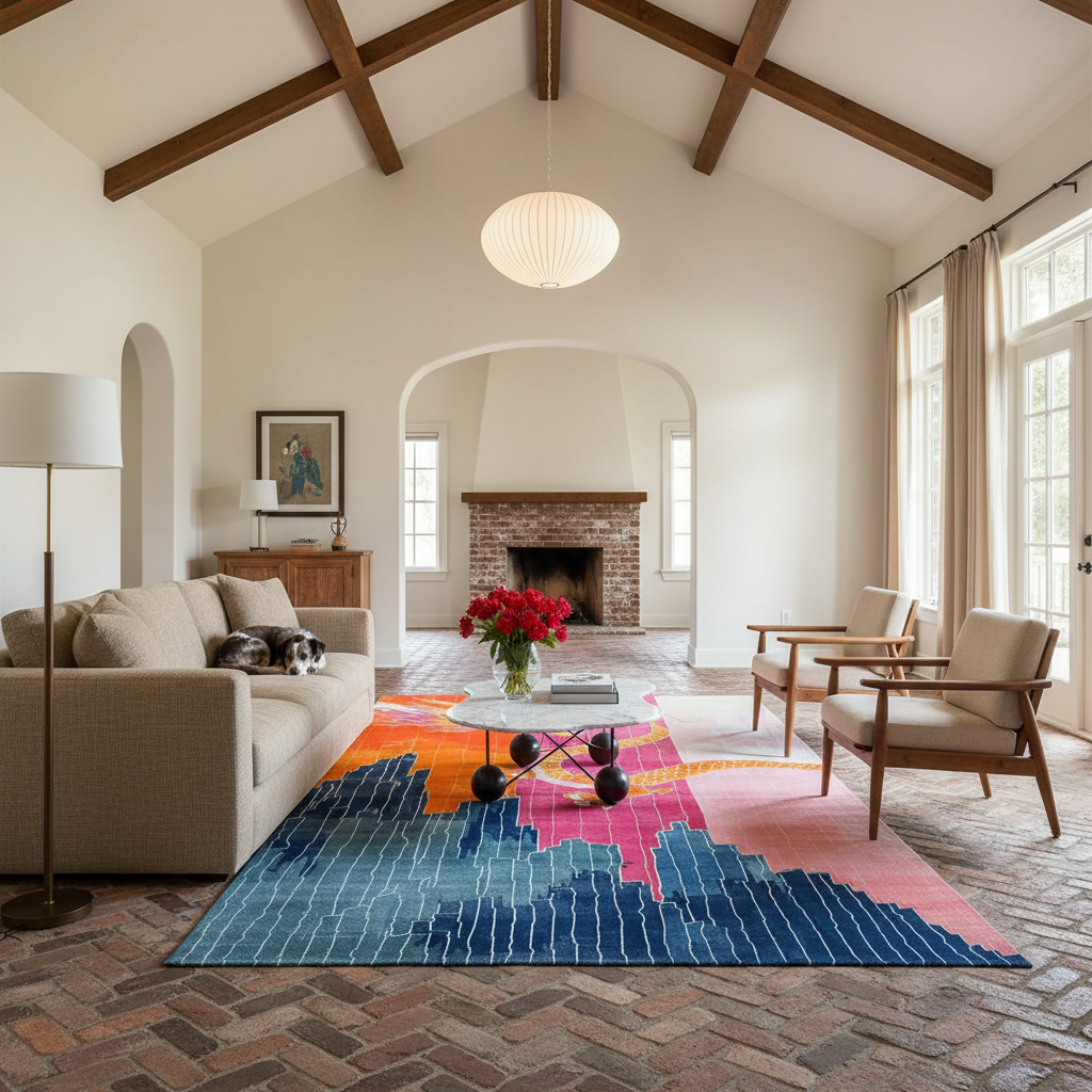 A large, vibrant abstract-patterned area rug in blue, pink, orange, and white is styled in a spacious, high-ceilinged living room with a brick fireplace, wooden ceiling beams, and mid-century modern furniture.