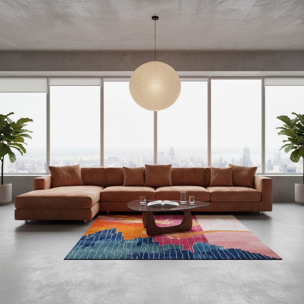A modern sectional sofa in a bright, contemporary living room with large windows, a hanging paper lantern, and a colorful abstract-patterned rug.